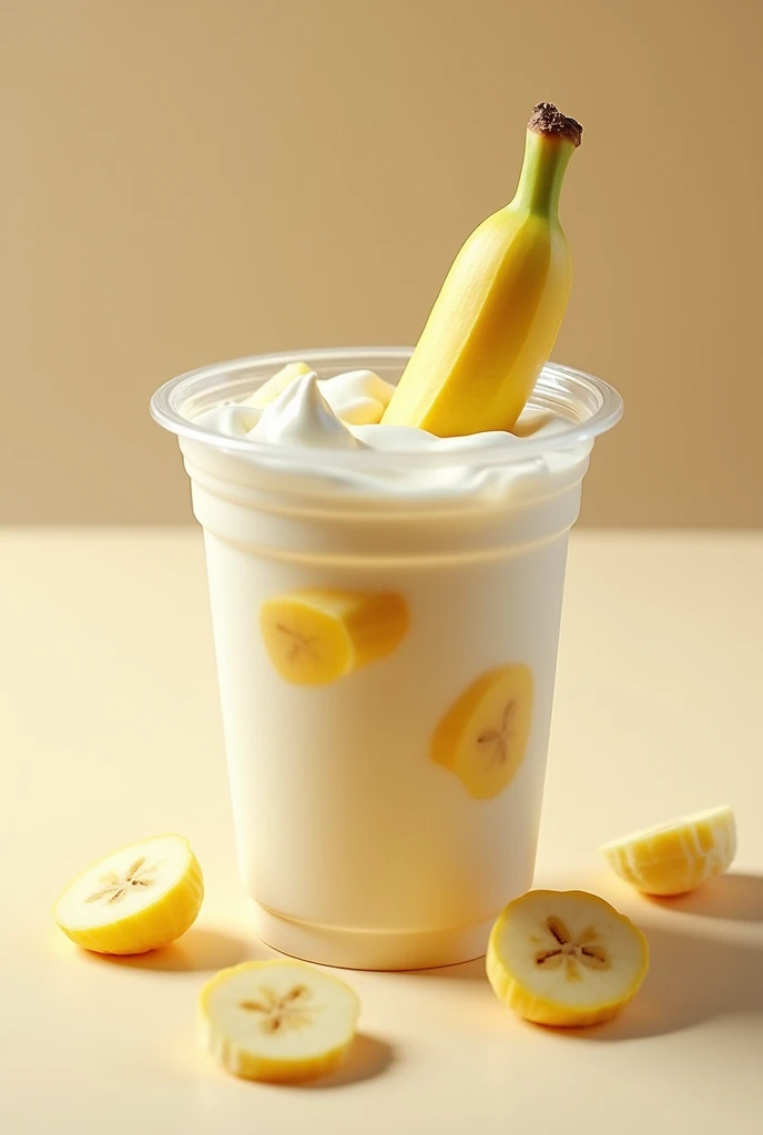 Generate an image of a transparent disposable cup with cream and the banana inserted inside the cup that looks very provocative and the chopped banana that shows the fine layers of the cream and the banana