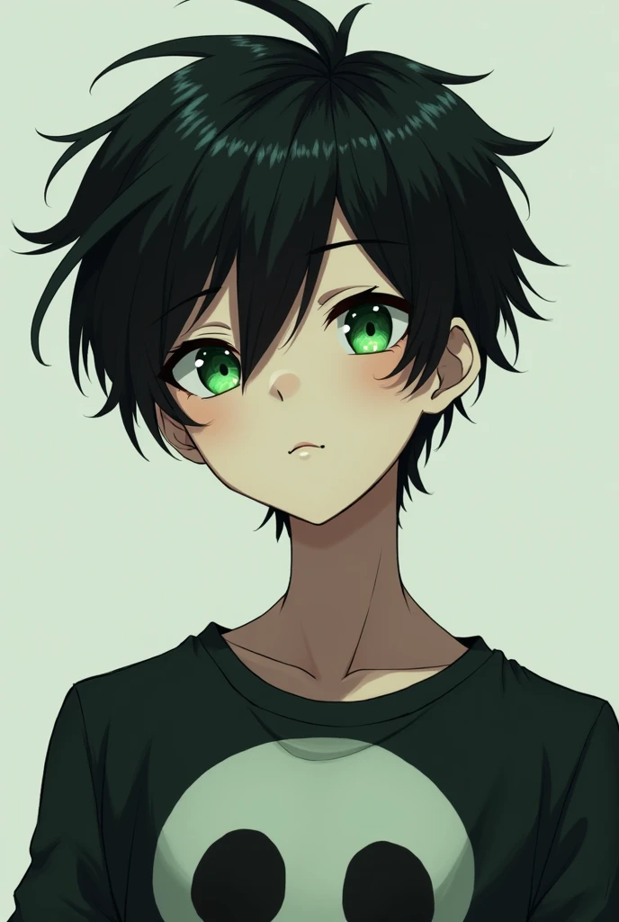 Anime boy green eyes black hair and skull shirt 