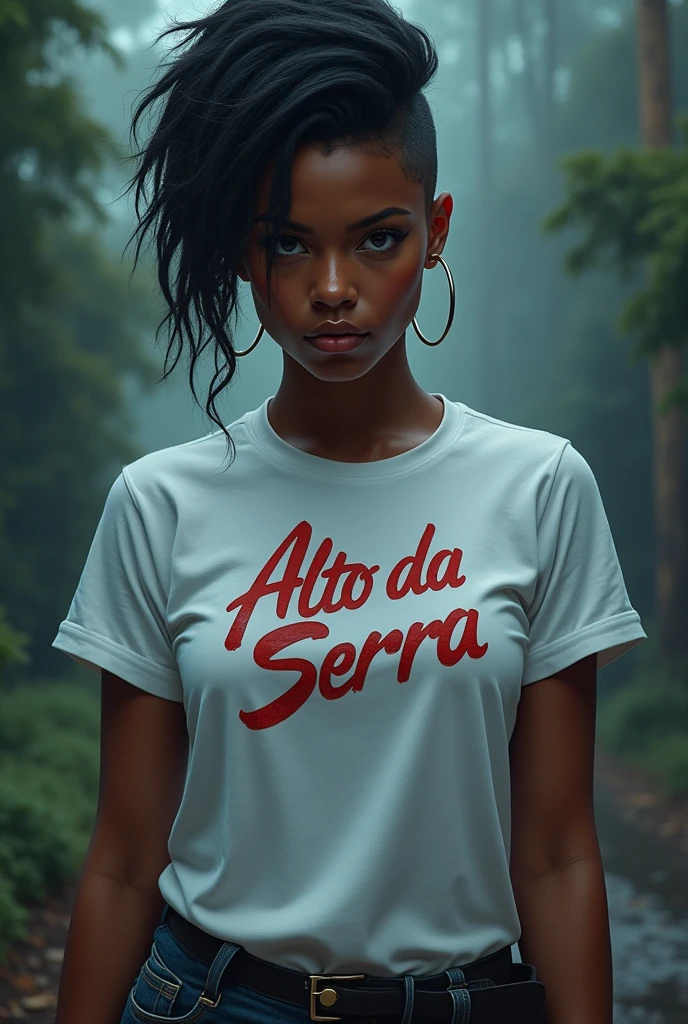 dc comics style 20 year old black woman mysterious expression with styled hair and undercut with black eyes kind of dyke is also very sporty, excellent swimmer wearing a white summer camp t-shirt with Alto da Serra written in dark red gym dc comics style dc comics style