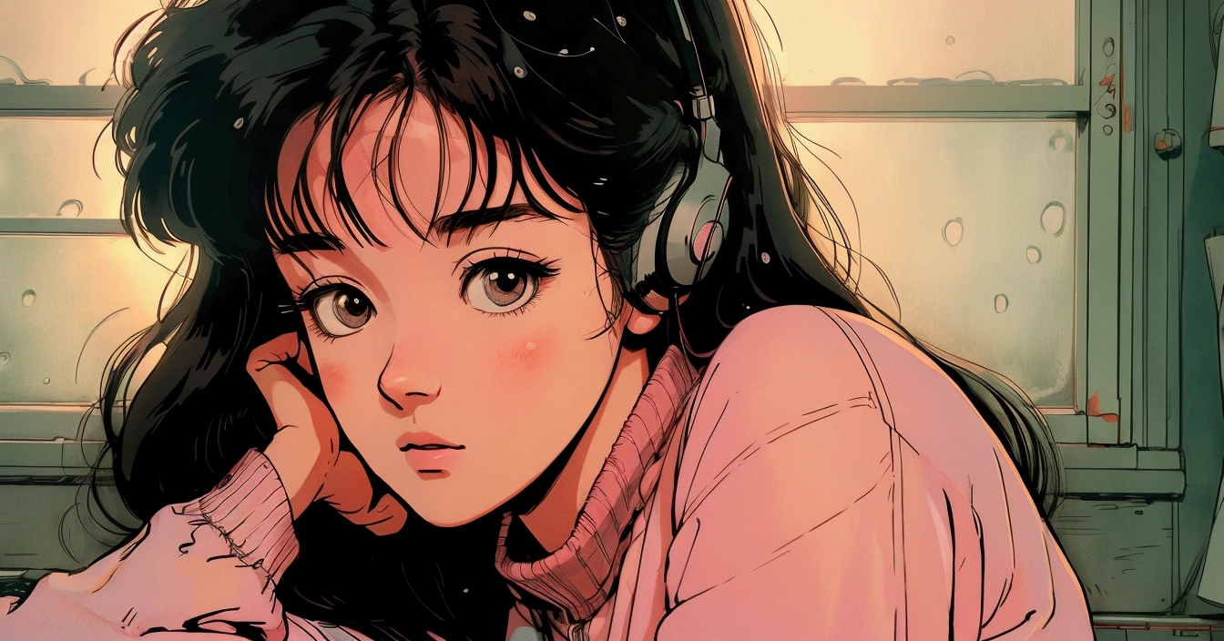 Rainy morning、Girl listening to music in a cozy room, Wear headphones, 2D Anime Style, Lo-fi aesthetic, Analog Color Theme, Ghibli style, Detailed faces and expressions, Very detailed目と顔, Long eyelashes, Detailed clothing, Detailed Background, Warm lighting, Rain outside the window, Peaceful atmosphere, high quality, 8k, masterpiece, Very detailed, Realistic, Professional