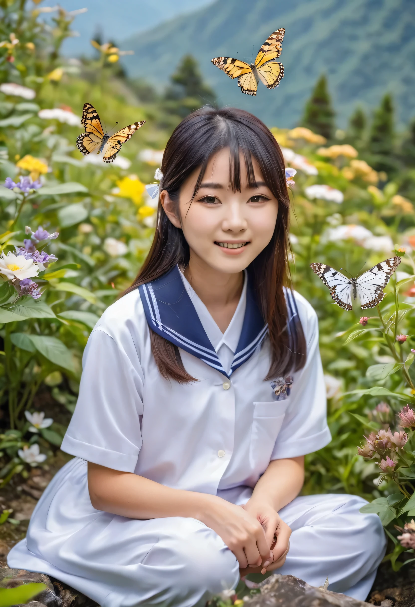  Japanese girl, Asian, wearing school uniform and sleepwear, playing with butterflies, mountain flower garden, surrounded by nature, enjoying the moment, looking at the camera