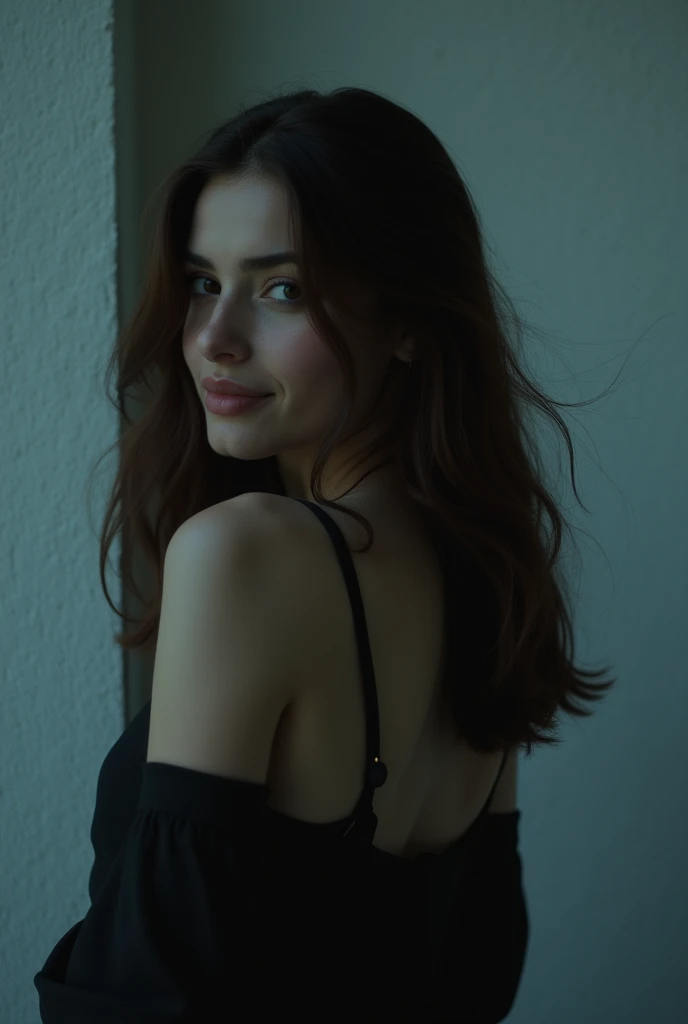 21 years girl, brown hair, smile, skinny face, white wall, no decoration, looking smiling , photo from behind, at night, dark mood