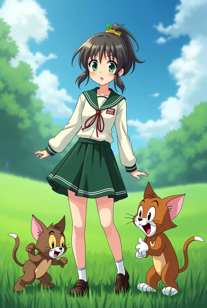 Salior Jupiter with her hair completely tied up with green eyes dressed as a commercial advisor for a Bank, playing in the field with the Tom and Jerry anime 