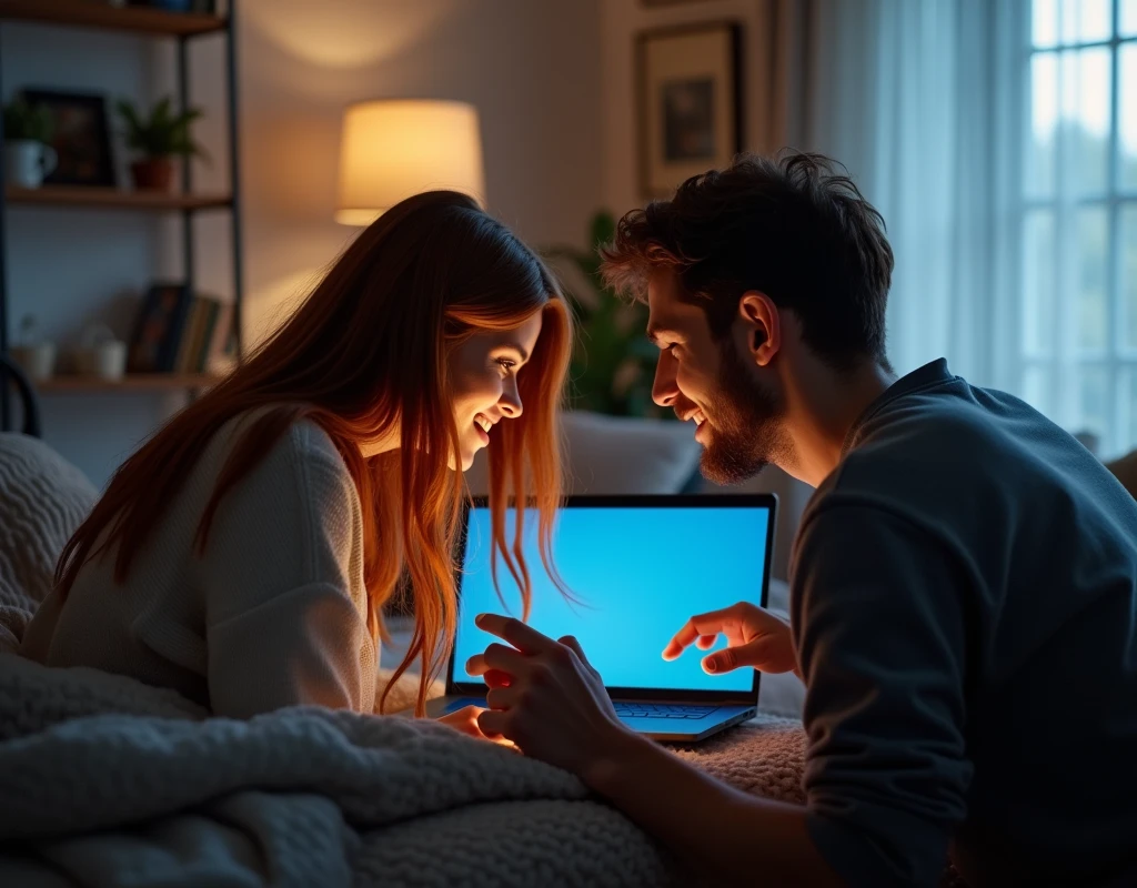 A 45-degree back view of a woman and a man playing on a laptop, having fun. The focus is clearly on the laptop screen. The blue-gold tone reflects on the faces of both people. The atmosphere in the living room. Real shot. Long shot. High-resolution shot.
