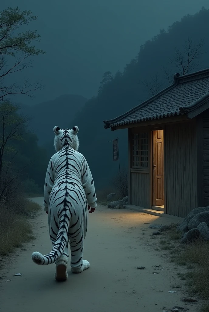 In ancient China during the Tang Dynasty, a young woman wearing a white tiger costume without makeup walks weakly on a dirt road and stops at the door of a wooden house. She knocks on the door and calls out to the people inside the house. She describes the dark, unlit night as quiet and peaceful.
