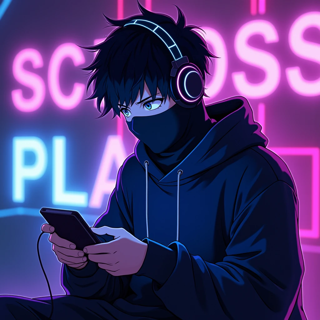 ((best quality)), ((masterpiece)), ((anime)), ((Detailed)), ((cartoon)),A 20 year old young boy wear black colour cloth mask on face and headphones and playing game in his video game device his purple and blue neon background, white neon outline on his body  8k UHD, Ninja Outfit , a Text in his background ( SCARY BOSS PLY) 