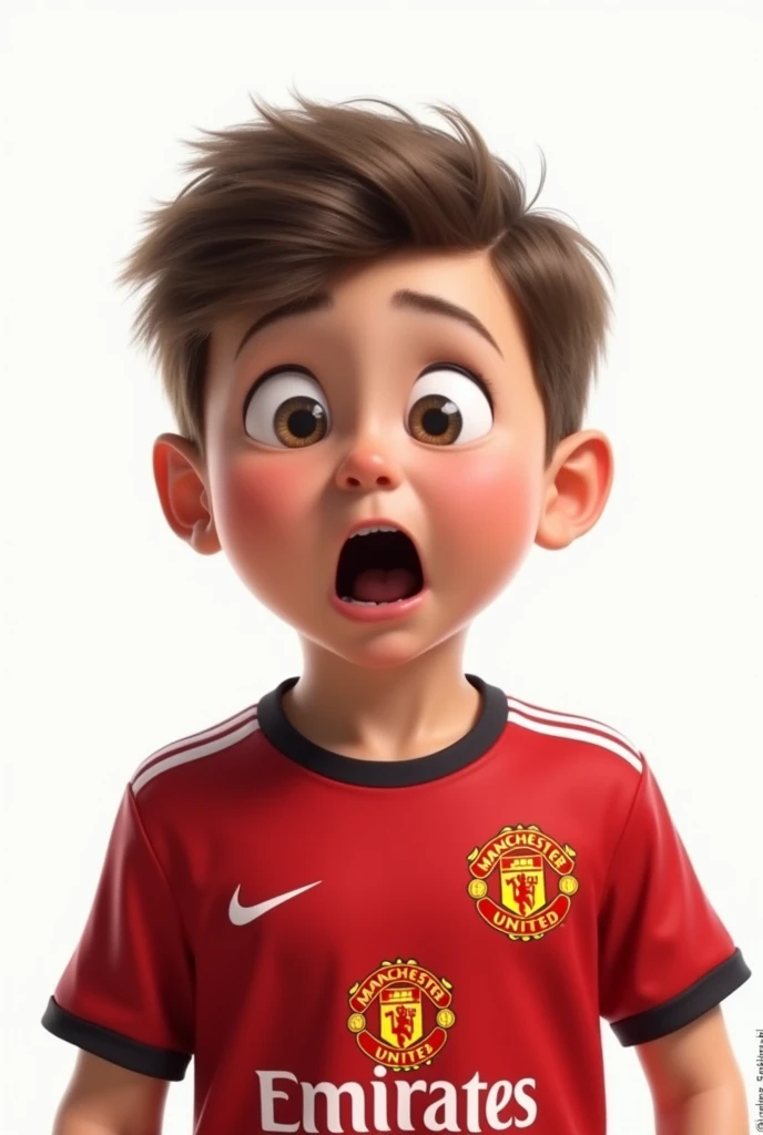 Illustration: A cute boy wearing a Manchester United shirt shows a shocked expression in a realistic and funny style on a white background.