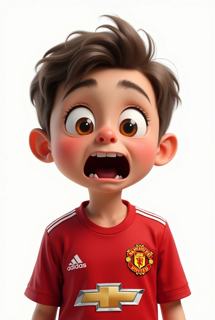 Illustration: A cute boy wearing a Manchester United shirt shows a shocked expression in a realistic and funny style on a white background.