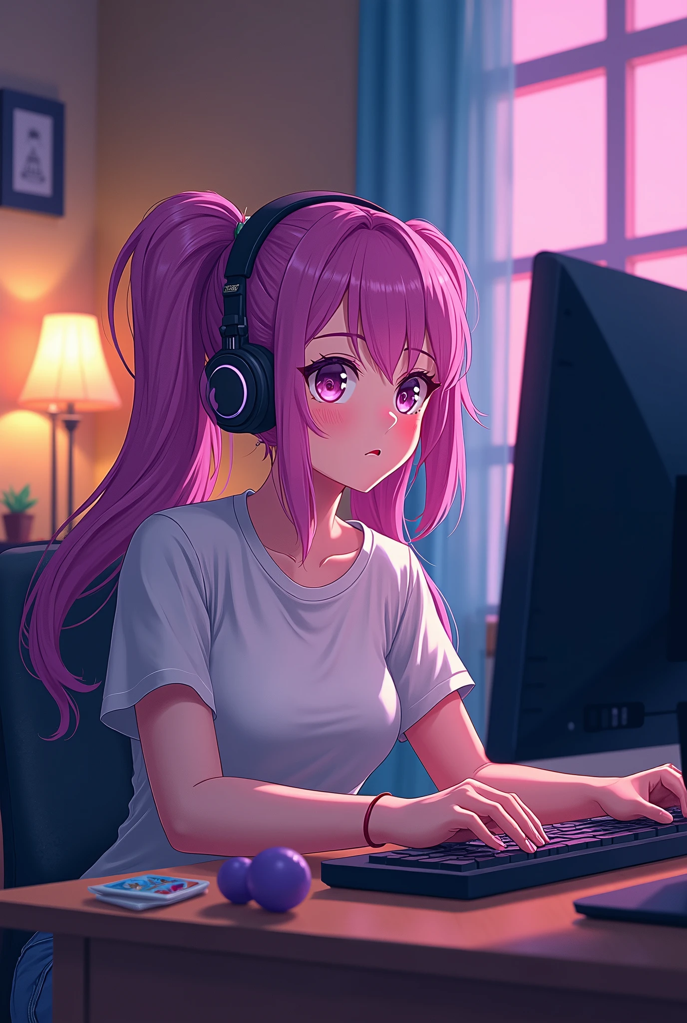 An anime character streaming in front of a computer. Her hairstyle is twin tails.


