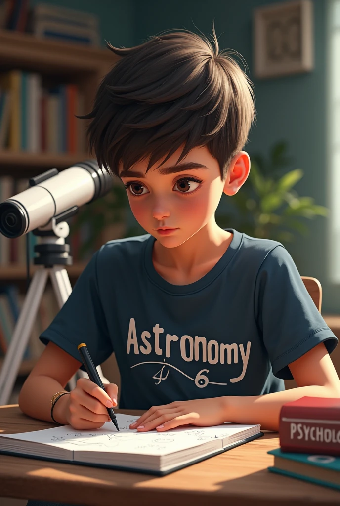 A boy sitting on a chair who weared a t-shirt named Astronomy. A white telescope on his table's corner. A  book  on the table named Psychology. The boy is writing a mathematical concept.