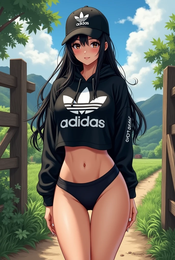 sexy anime girl, long black hair, black eyes, barefoot, wear black adidas cap, wear black adidas hood, wear black adidas hot pants, background is farm