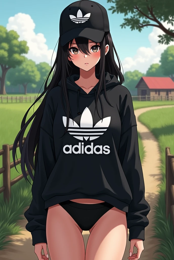 Sexy anime girl, long black hair, black eyes, barefoot, wear black adidas cap, wear black adidas hood, wear black panties, background is farm