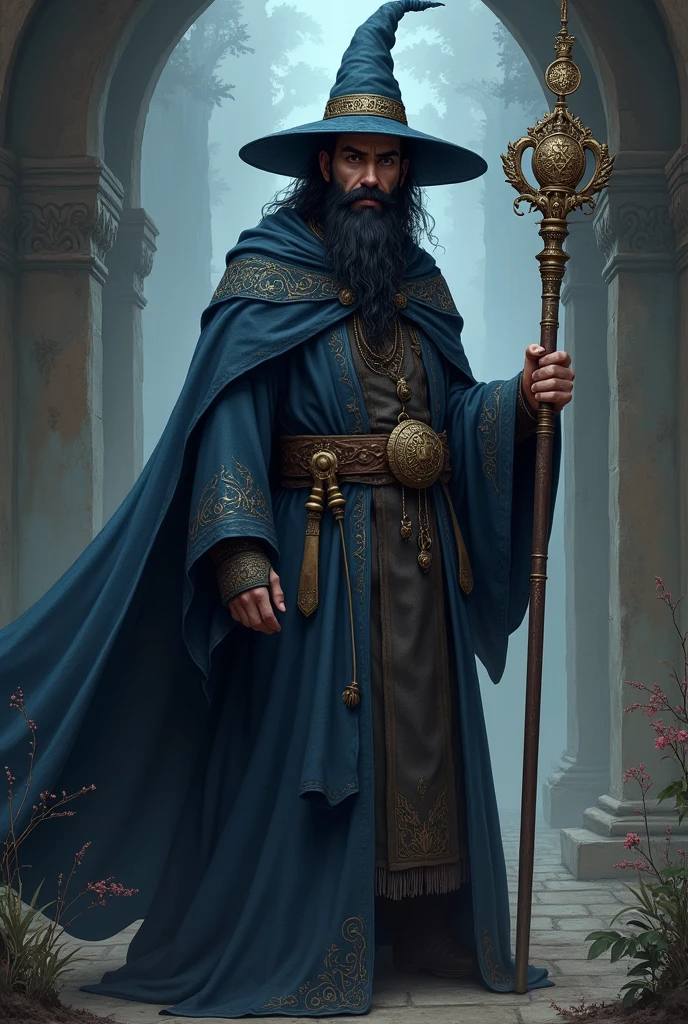 Create a young medieval wizard with a black beard and wearing a dark blue wizard's outfit and in his hand a staff and on his head a wizard's hat