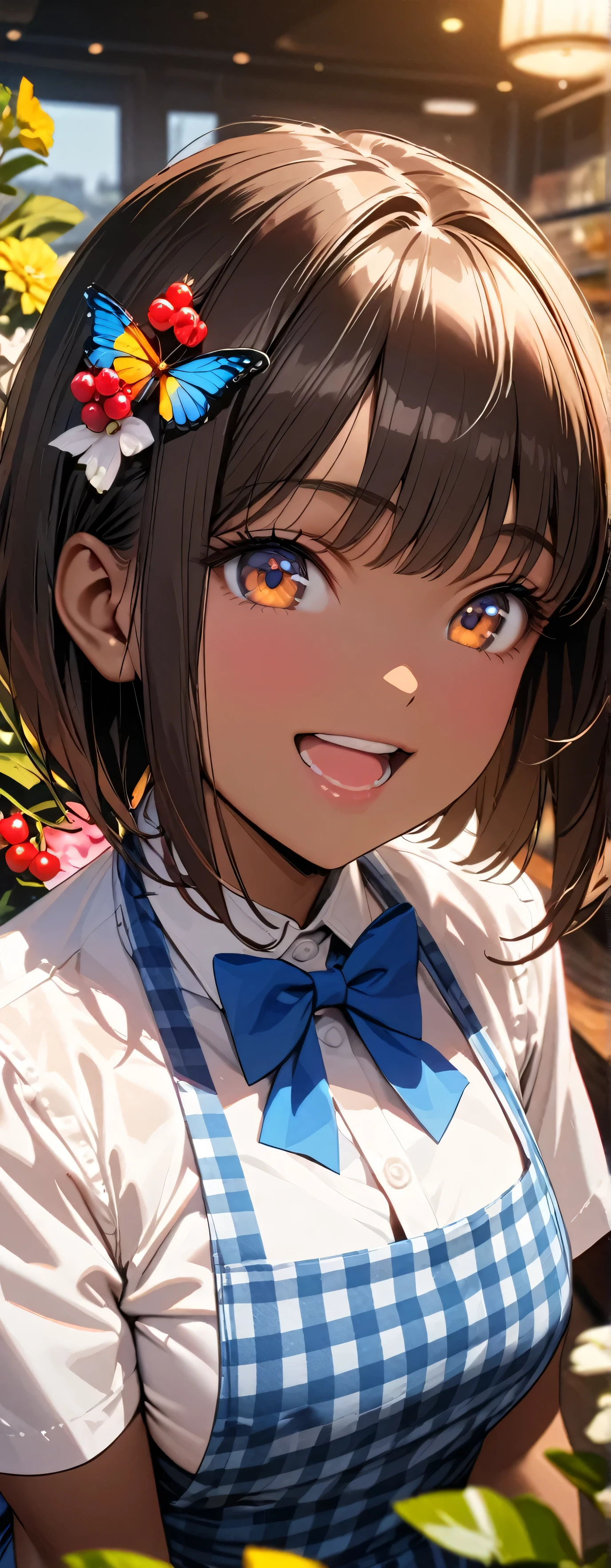 (Beauty: 1.3),One person,masterpiece, Highest quality, Ultra-high resolution,Rich contrast,super high quality,8k,Highly detailed CG unit wallpaper,texture,Unbelievably absurd,Ultra-high resolution,RAW Photos,Depth of Field 1.2,crew, blue bow, blue bowtie, white shirt, short sleeves, blue skirt, blue apron, gingham apron, employee uniform, high-waist skirt, waitress,(Brown Hair,Sharp bob,Berry Short),happy,tsurime,Very fine eye,bigeyes,looking pleasured,((Brown Skin)),Dazzling Light,Flower Field,Big smile,I have flowers,Flower Hair Ornaments,butterflies in flowerbed,Florist,Holding a bouquet,(extreme close-up:1.5)