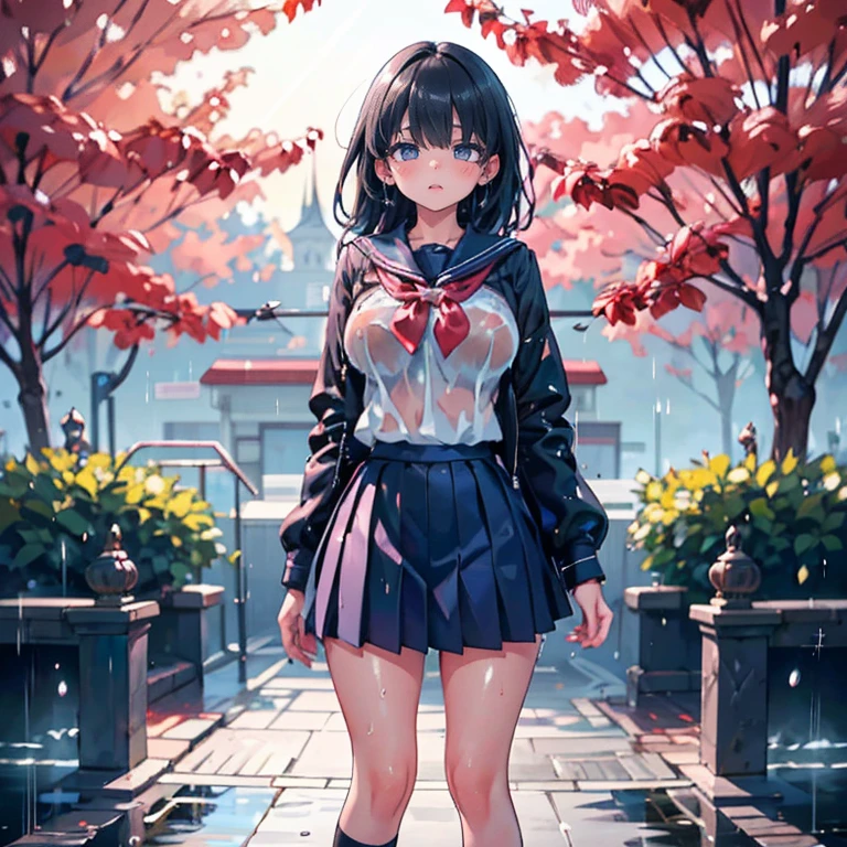 Anime Waifu beautiful detailed eyes, beautiful detailed lips, extremely detailed eyes and face, longeyelashes, 1girl, sensual, young woman, medium breasts, beautiful feminine face, nice thighs, slim, sexy, erotic, beautiful clothes, perfect body, cinematic lighting and framing, (best quality,4k,8k,highres,masterpiece:1.2),ultra-detailed,digital painting,portrait,glamorous,highly detailed,soft lighting,warm color tones , (beautiful girl: 1.3),1girl,masterpiece, Highest quality, Ultra-high resolution,rich contrast,super high quality,8k,Highly detailed CG unit wallpaper,texture,Incredibly absurd,Ultra-high resolution,RAW Photos,Depth of Field 1.2,overlooking,(magnificent panorama view:1.3),(High School Uniform&Pleated skirt:1.5),Black Hair,Crown braid,Ultra-detailed eyes,(sensuous),Glowing Skin,loafers,leaves dripping with rain,sunlight through trees,post-rain aroma,Her jacket is open and her breasts are exposed,blush,Sigh,look up,(((Wet))),((Large Breasts)),After the Rain,pencil drawing