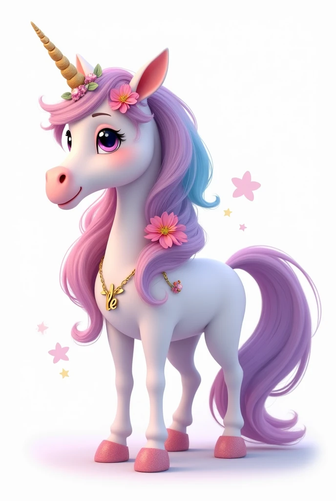 a white unicorn standing looking sideways, cute disney pixar style, cute face, the unicorn is on its side and standing looking sideways forward , showing all unicorn, loose, voluminous, flowing curly hair in lilac colors, Pink, yellow, Unripe, cerulean, rot, Unripe, hair and mane with all the colors of the rainbow, with a strong lilac predominating, em volta do cabelo pequenas flores Pinks forte com folhas Unripes e também estrelas, Dedicated gold cord with pendant and inside the pendant the letters LE delicate on the neck, olhos Unripes e o unicornio cintila com alguns brilhos, Feema unicorn white background, flowing hair, very voluminous, gold tiara on delicate head white background and unicorn stands out from the background, the unicorn has sparkling sparkles in its hair, the unicorn's face is fuller, little god, strong lilac hair with blue bangs, Pink, Yellow, Unripe o fundo opaco png