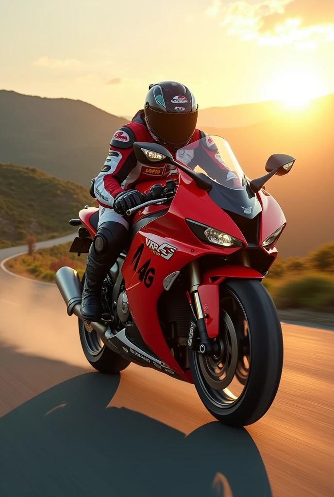 A biker with VR46 Jacket, Advanced safety gear, Kawasaki H2RSX Candy Red Bike, crusing on a hilly highway, dawn time, dim sun through clouds silver lining, spring season , Prime Lense Landscape Shot, Sun glare on lense