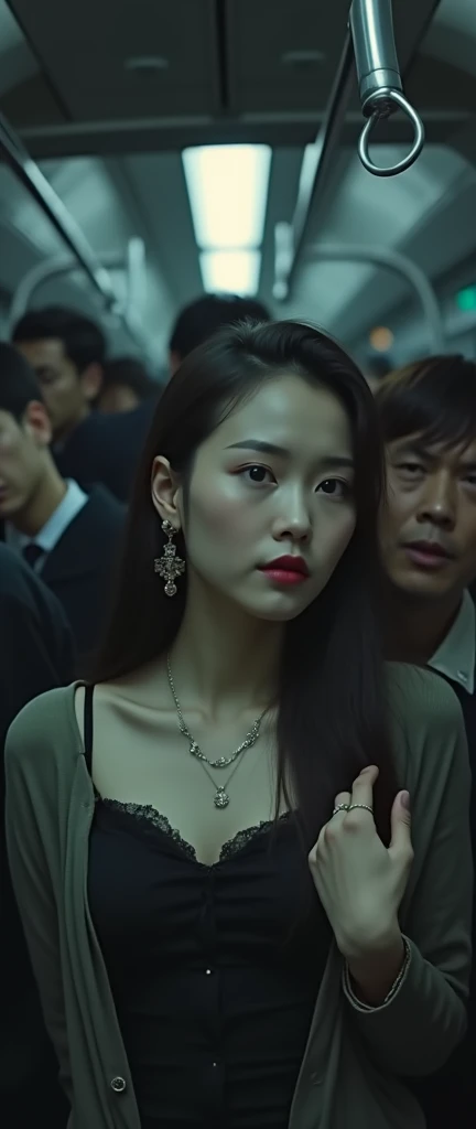 (32K:1.9, Horror depictions:1.9, Highest quality, masterpiece, Ultra-high resolution, Professional random angle camera work:1.5, Very detailedな肌と顔の質感:1.4), Always accurate, Very detailed, bag, (Cute Japanese Woman, Camisole dress and cardigan:1.6, Incredibly slim body:1.3, areola is not visible:1.4, Big breasts on the verge of collapse), ((Crowded train:2.0, Crazy behavior:1.9, in the train、Two middle-aged men hugging a woman from behind:1.7)), belt, Fair skin, elegant, sense of cleanliness, Thin eyebrows, (cry:1.0, Puzzled:1.0, A look that shows deep contempt for you:1.0, Big eyes that exude beautiful eroticism:0.4, Open your mouth a little, lipstick, Feel the beautiful eroticism:1.0, Dark brown medium hair), Earrings, necklace, bracelet, romantic, mysterious, Object of admiration, original, dramatic, artistic, Innovative, charm, Heartful, Fancy, Tilt, sense of loss, special, ((exciting, Extreme, sense of openness, suffering, sufferingの表現)), ((Mistakes of Youth, 女性的なcharm))
