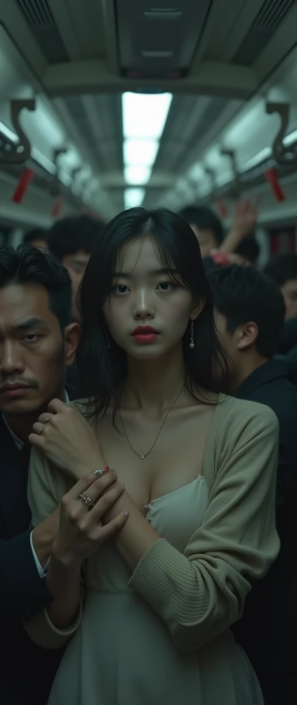 (32K:1.9, Horror depictions:1.9, Highest quality, masterpiece, Ultra-high resolution, Professional random angle camera work:1.5, Very detailedな肌と顔の質感:1.4), Always accurate, Very detailed, bag, (Cute Japanese Woman, Camisole dress and cardigan:1.6, Incredibly slim body:1.3, areola is not visible:1.4, Big breasts on the verge of collapse), ((Crowded train:2.0, Crazy behavior:1.9, in the train、Two middle-aged men hugging a woman from behind:1.7)), belt, Fair skin, elegant, sense of cleanliness, Thin eyebrows, (cry:1.0, Puzzled:1.0, A look that shows deep contempt for you:1.0, Big eyes that exude beautiful eroticism:0.4, Open your mouth a little, lipstick, Feel the beautiful eroticism:1.0, Dark brown medium hair), Earrings, necklace, bracelet, romantic, mysterious, Object of admiration, original, dramatic, artistic, Innovative, charm, Heartful, Fancy, Tilt, sense of loss, special, ((exciting, Extreme, sense of openness, suffering, sufferingの表現)), ((Mistakes of Youth, 女性的なcharm))