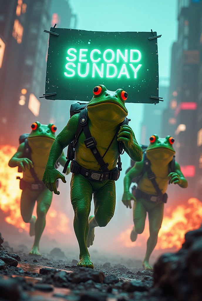 Landscape image, hd, Cyberpunk Ingress enlightened green frog agents, explosion background, standing pose, holding long poster that says SECOND SUNDAY