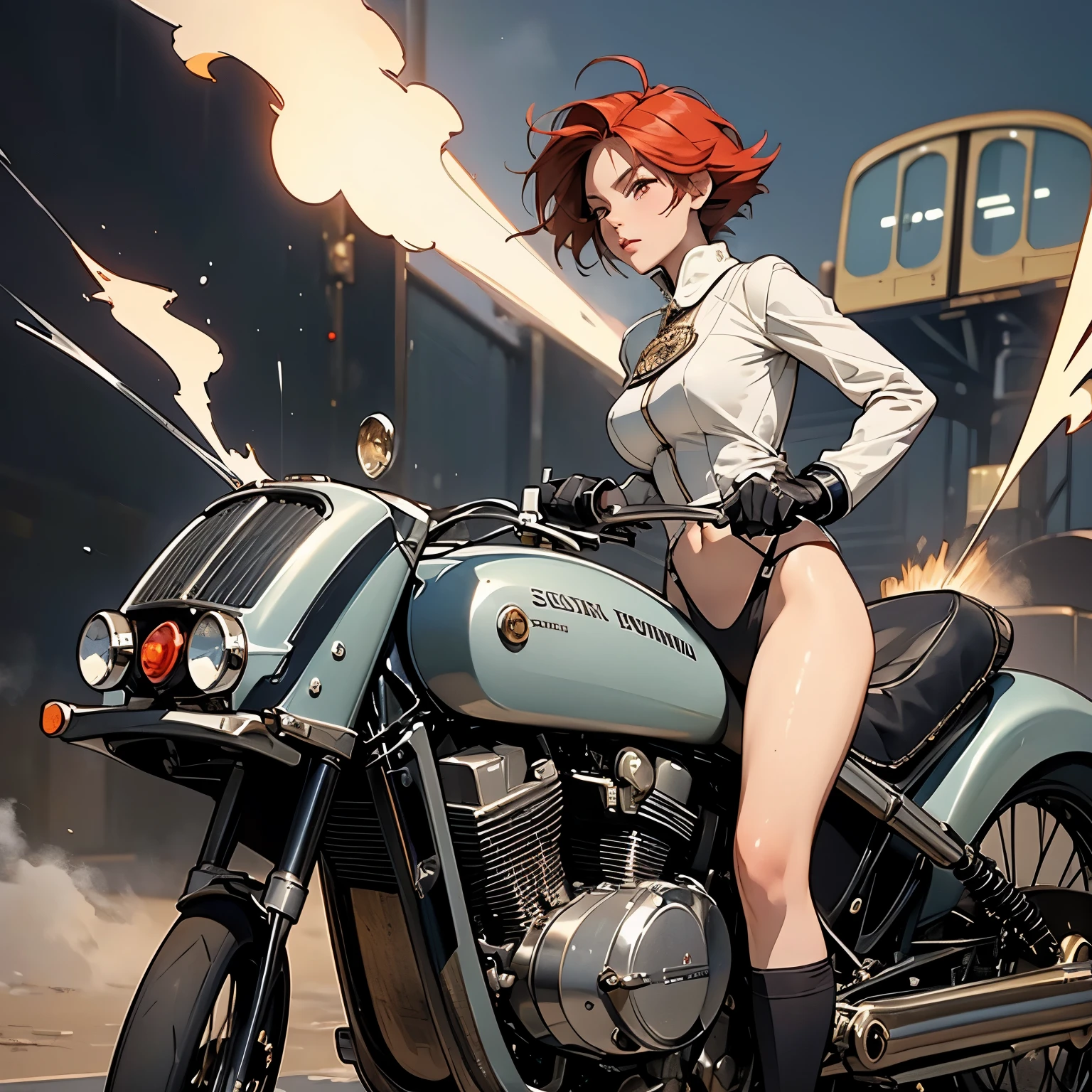nsfw, anime screencap, 16K, perfect anatomy proportion body, perfect hands, action, A dynamic composition with a sense of speed and movement, (Ride a steam engine motorcycle:1.6), a wife, 40age, perfect beautiful delicate sexy face, perfect beautiful delicate slanted eyes, red hair, swept bangs pixie cut, medium breasts, abs, hairy female pubic hair, Wearing an elaborate chainmail breastplate and loincloth, desert, Post-apocalyptic,