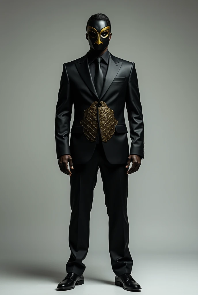 A full-body image of a man wearing a black suit and a black mask. The mask has a golden scale symbol printed on it. The suit also features a large golden scale design that starts at the beginning of the stomach area and extends outward. The scale’s plates stretch across his arms, reaching almost to the ends of the sleeves, trending on artstation, sharp focus, studio photo, intricate details, highly detailed,