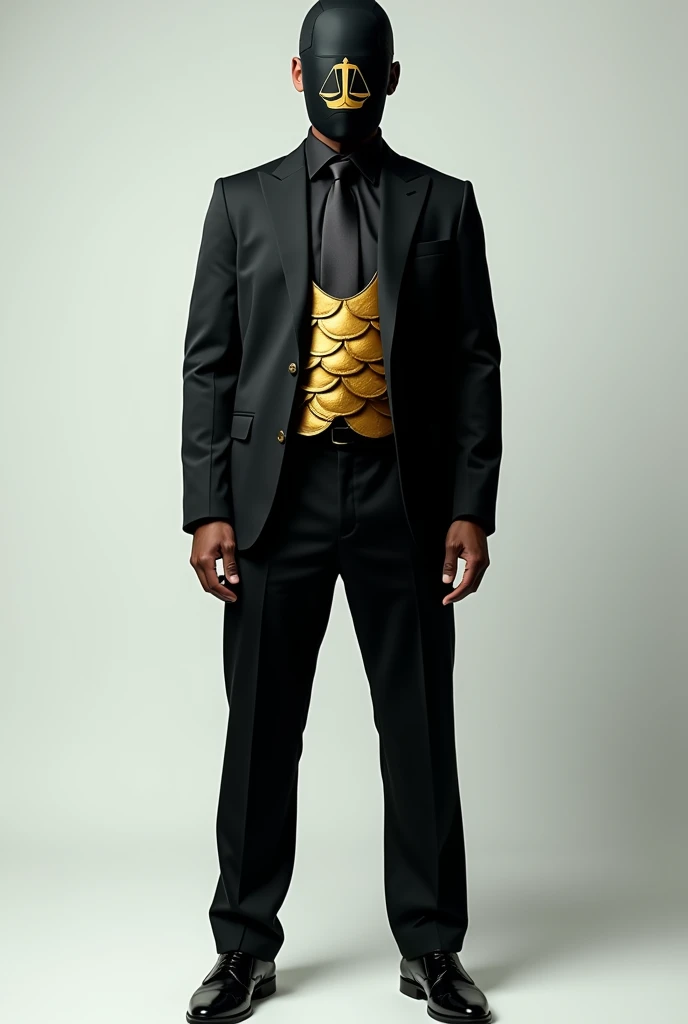 A full-body image of a man wearing a black suit and a black mask. The mask has a golden scale symbol printed on it. The suit also features a large golden scale design that starts at the beginning of the stomach area and extends outward. The scale’s plates stretch across his arms, reaching almost to the ends of the sleeves, trending on artstation, sharp focus, studio photo, intricate details, highly detailed,
