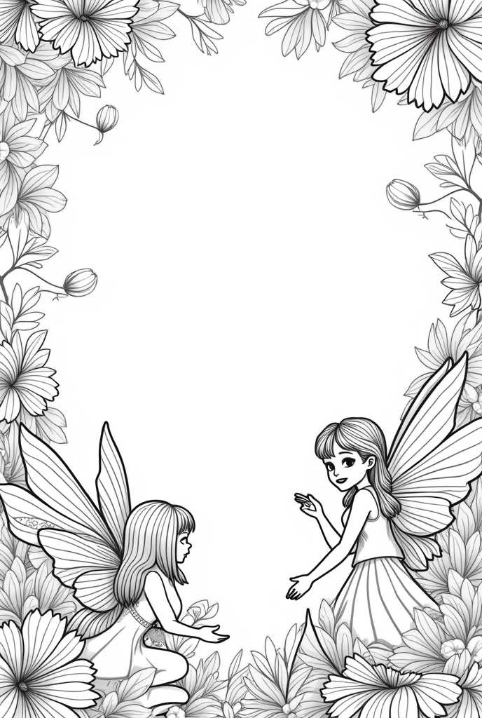 Give me a 4k quality fairy coloring book pages with background no color no grayscale no shadow high details but the design is simple and bold