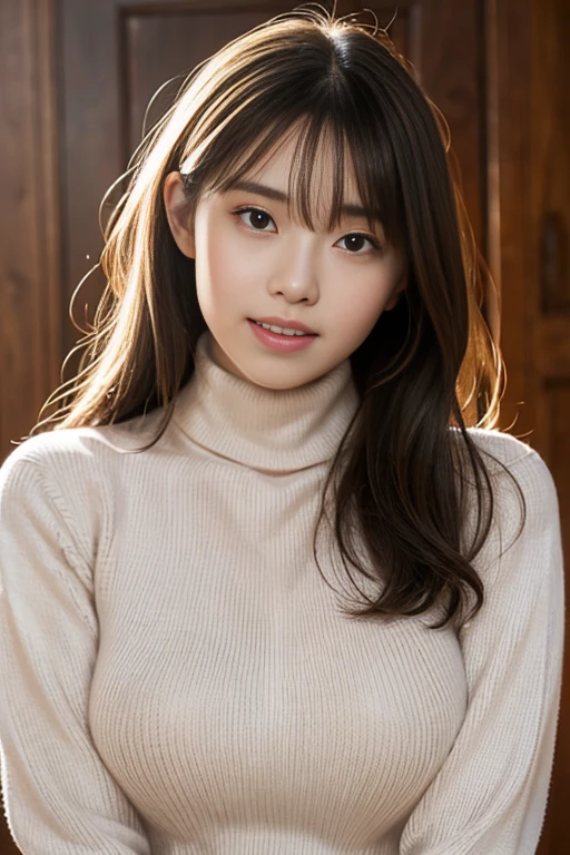 bangs,(Large Breasts:1.2),(Highest quality,masterpiece:1.2),One person,One person,One personで,Fair skin,8k,Ultra-high resolution,Very detailed,Highest quality,Look at the viewers、Perfect lighting,flat light,super high quality,Ultra-high resolution,masterpiece,Realistic,Detailed face,Perfect Anatomy,Slender body、Young Face、smile、sweating、Blushing、Please show me your whole body、((wearing a turtleneck sweater))、Beautiful legs、Baby Face、Round face、light makeup、Sweaty、Narrow waist、Sensual pose,後ろ姿