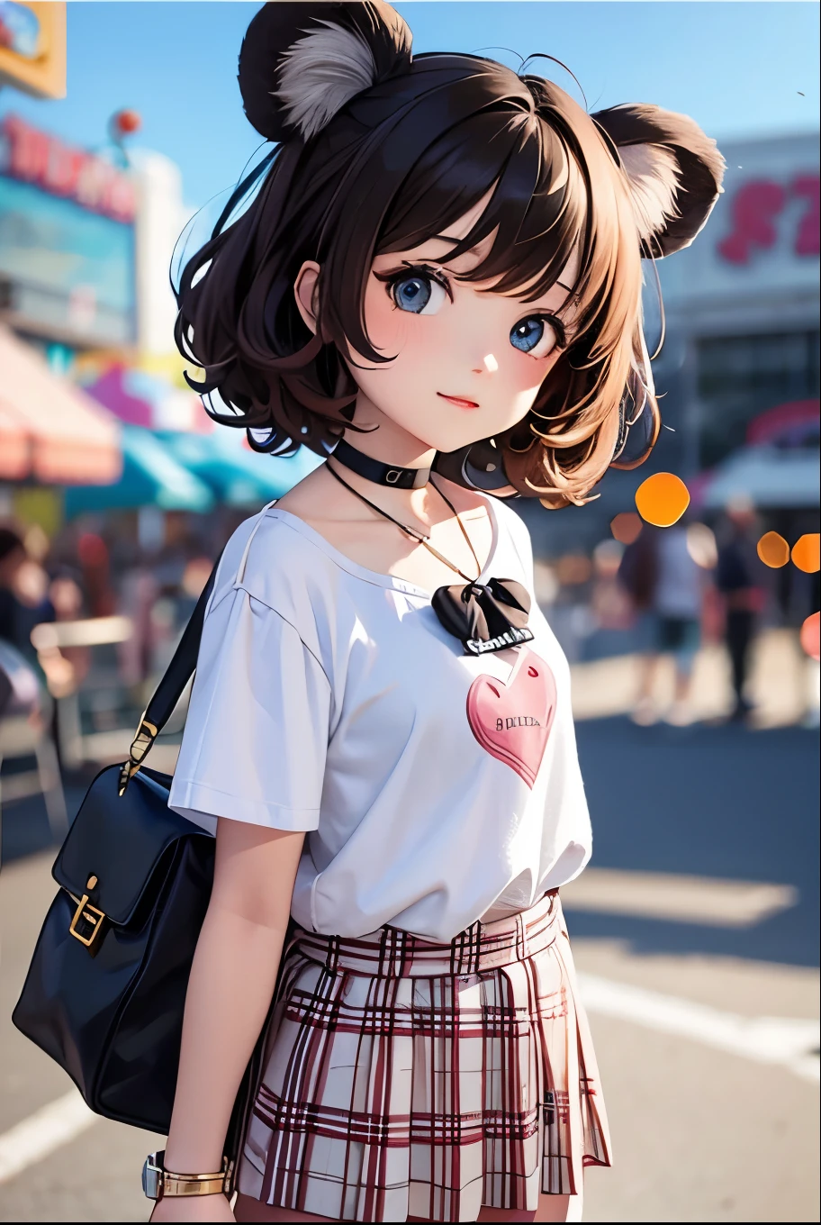 Top quality, highly detailed, UHD, idol, playing at an amusement park, cute and beautiful anthropomorphic koala girl with brown curly bob hair wearing a heart-shaped choker, casual clothes