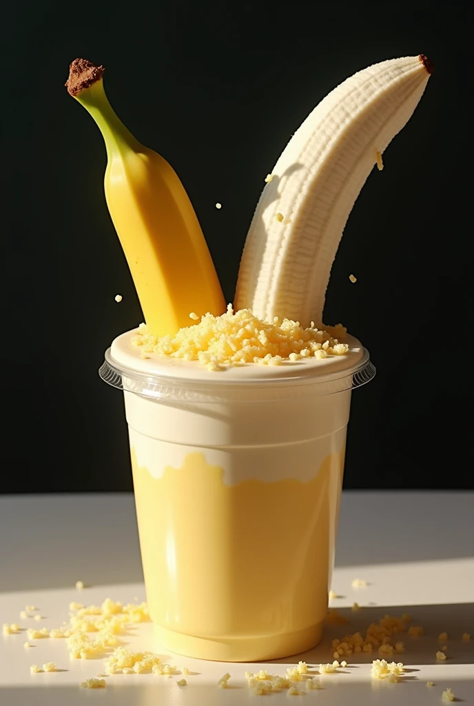 Generate an image of a transparent disposable cup with cream and the banana inside the cup that looks very provocative and the chopped banana that shows the fine layers of cream and the banana that on top has grated cheese and dairy sauce