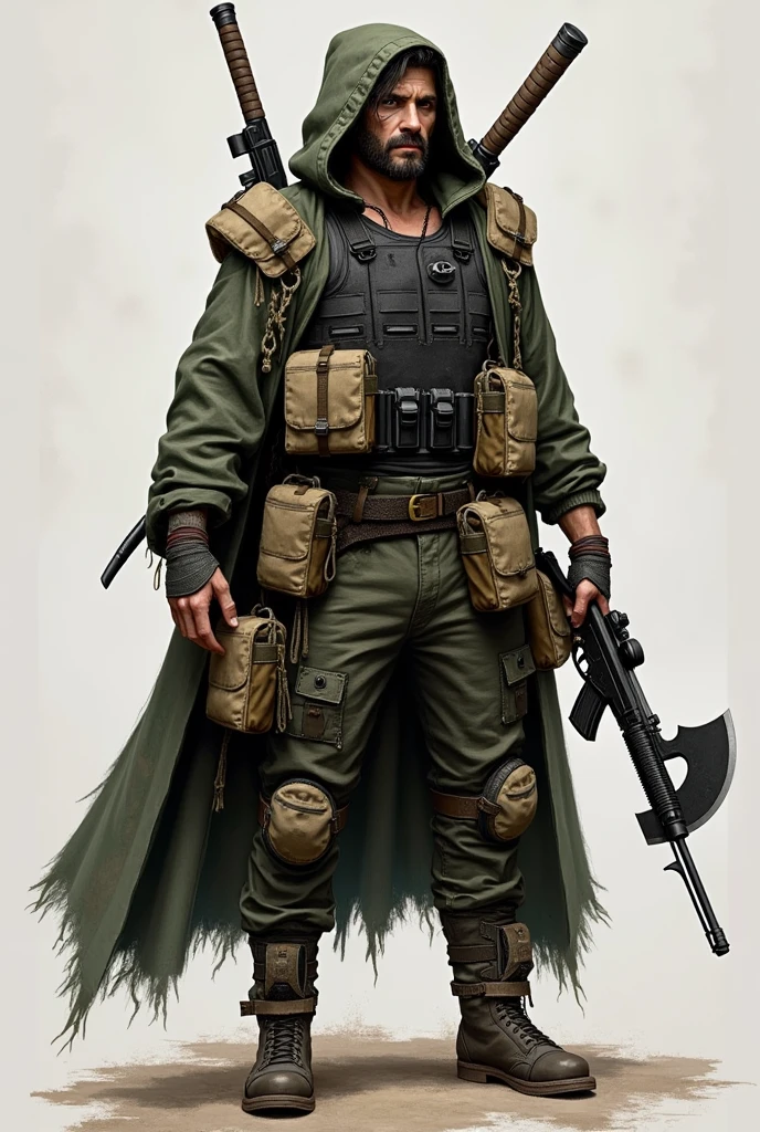 A 2 from the universe of The Last of Us/ The walkin Dead, With these descriptions:
1. **physical description:**
- **Ex-Military Man:** Half Japanese, with light skin.
- **eyeballs:** one blue eye and the other brown, with a scar on the right eye.
- **body hair:** dark brown, UP TO THE NECK.
2. **Clothing:**
- **Military Mantle:** Up to the shin, with camouflage hood.
- **military vest:** blackw.
- **Military Scholarships:** Several beige colored bags, distributed throughout the cloak and vest.
3. **Accessories:**
- **katana:** Belt grip.
- **Military Axe:** blackw, attached to the thigh.
- **Hunting Rifle with scope:** Stuck on the back