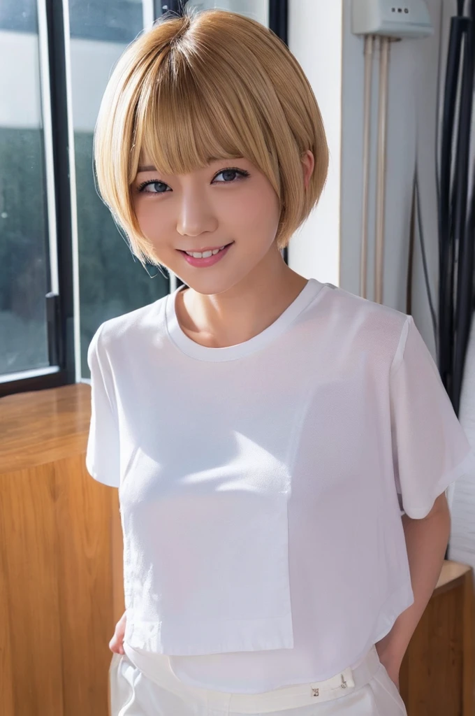 (Highest quality、4K、8k、High resolution、masterpiece:1.2)、Very detailed、(Genuine、Realistic、Realistic:1.3)、Japanese women、blonde、Pixie Cut、smile、white shirt、short pants、under breast、side breast