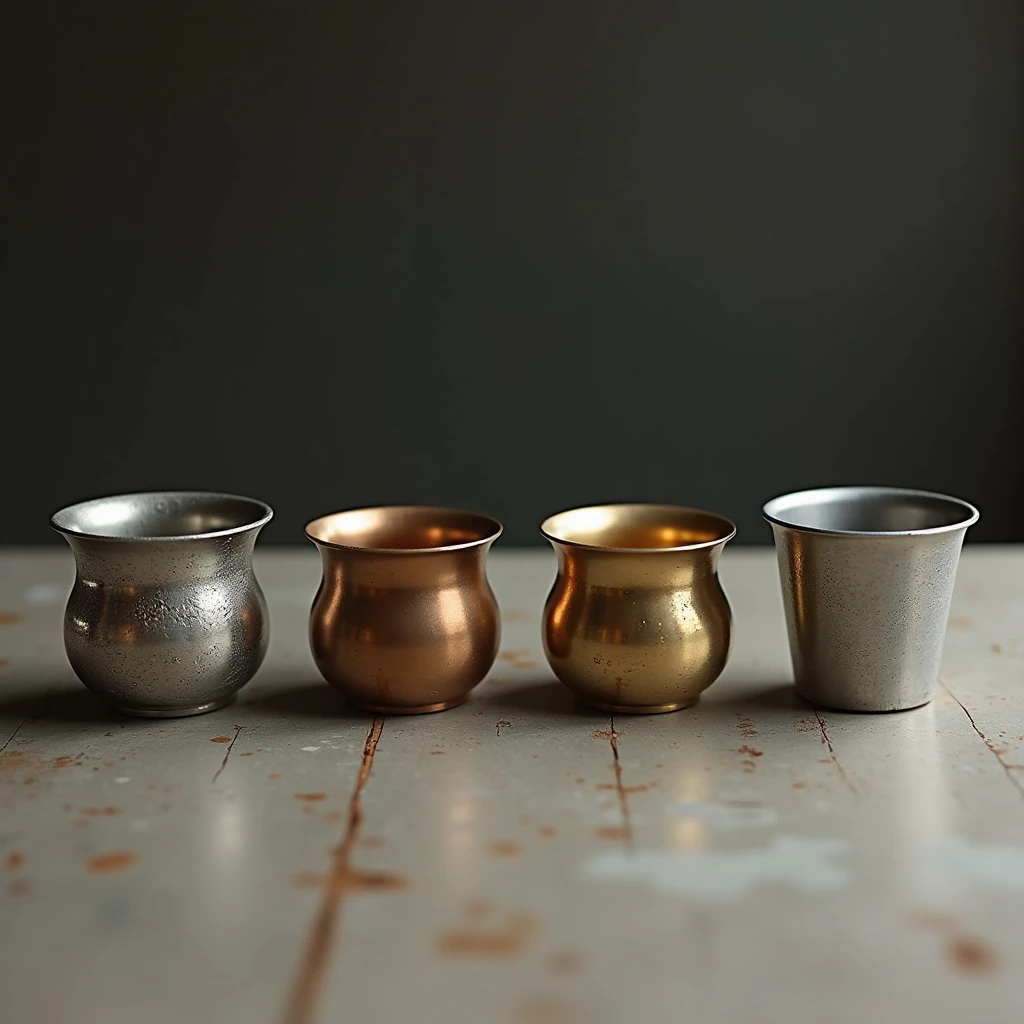 "Four cups of tea are placed on a table, facing each other like multiple-choice options. One cup is made of silver, the second is made of brass, the third is made of steel, and the fourth is made of aluminum."
