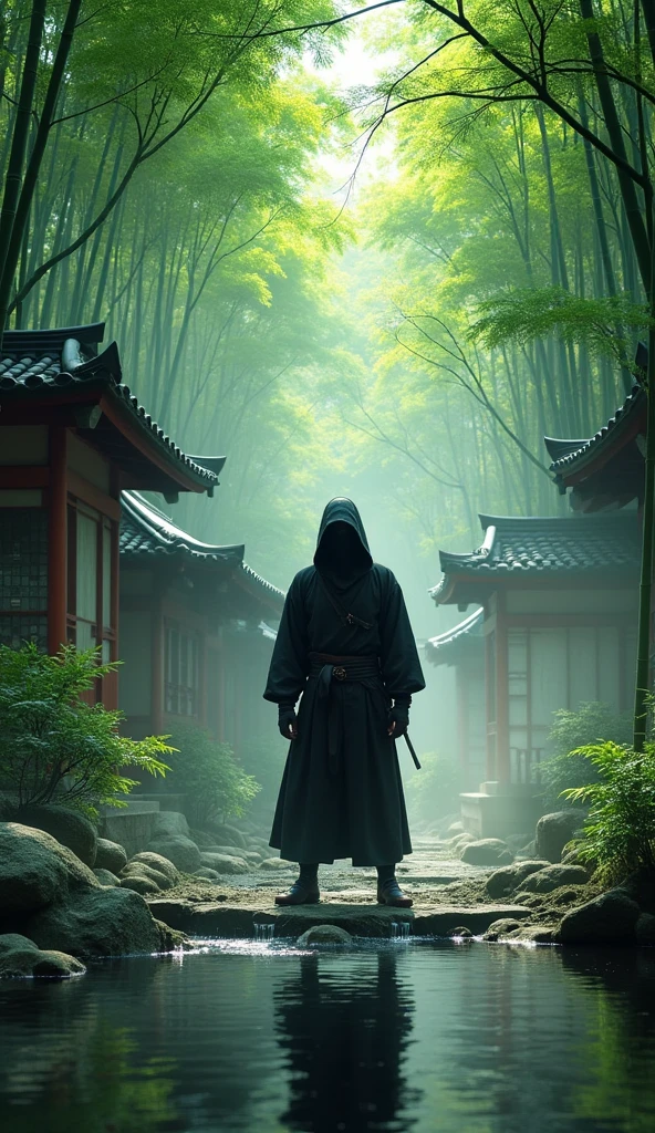 Ninja in black outfit , The surrounding bamboo forest。, Mysterious Japanese Shrines, (Highest quality,4K,8k,High resolution,masterpiece:1.2),Very detailed,(Realistic,photoRealistic,photo-Realistic:1.37),Intricate details, Dramatic lighting, Vibrant colors, Structure of the film, Ethereal atmosphere, Spiritual energy,,Calm expression,Attachment,Lush greenery,Speckled sunlight,Swirling Mist,Natural texture,Quiet Pond,Ancient temples,Zen-like simplicity