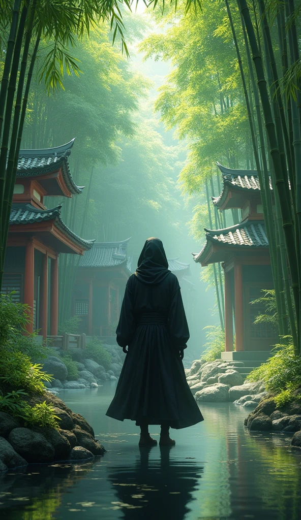 Ninja in black outfit , The surrounding bamboo forest。, Mysterious Japanese Shrines, (Highest quality,4K,8k,High resolution,masterpiece:1.2),Very detailed,(Realistic,photoRealistic,photo-Realistic:1.37),Intricate details, Dramatic lighting, Vibrant colors, Structure of the film, Ethereal atmosphere, Spiritual energy,,Calm expression,Attachment,Lush greenery,Speckled sunlight,Swirling Mist,Natural texture,Quiet Pond,Ancient temples,Zen-like simplicity