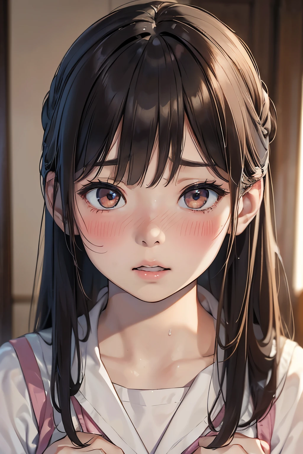 masterpiece, best quality, extremely detailed, (realistic, photo realistic:1.2), high resolution, RAW photo, 8k, Asian girl, 18yo, side bun,slender、Mid-chest、(embarrassed,blush:1.3),
,(steam:0.8),(wet:0.8),(sweat:0.8),(trembling:1.3)
,(parted lips:1.3),(harf open eyes:1.4),(feeling weak:1.5)