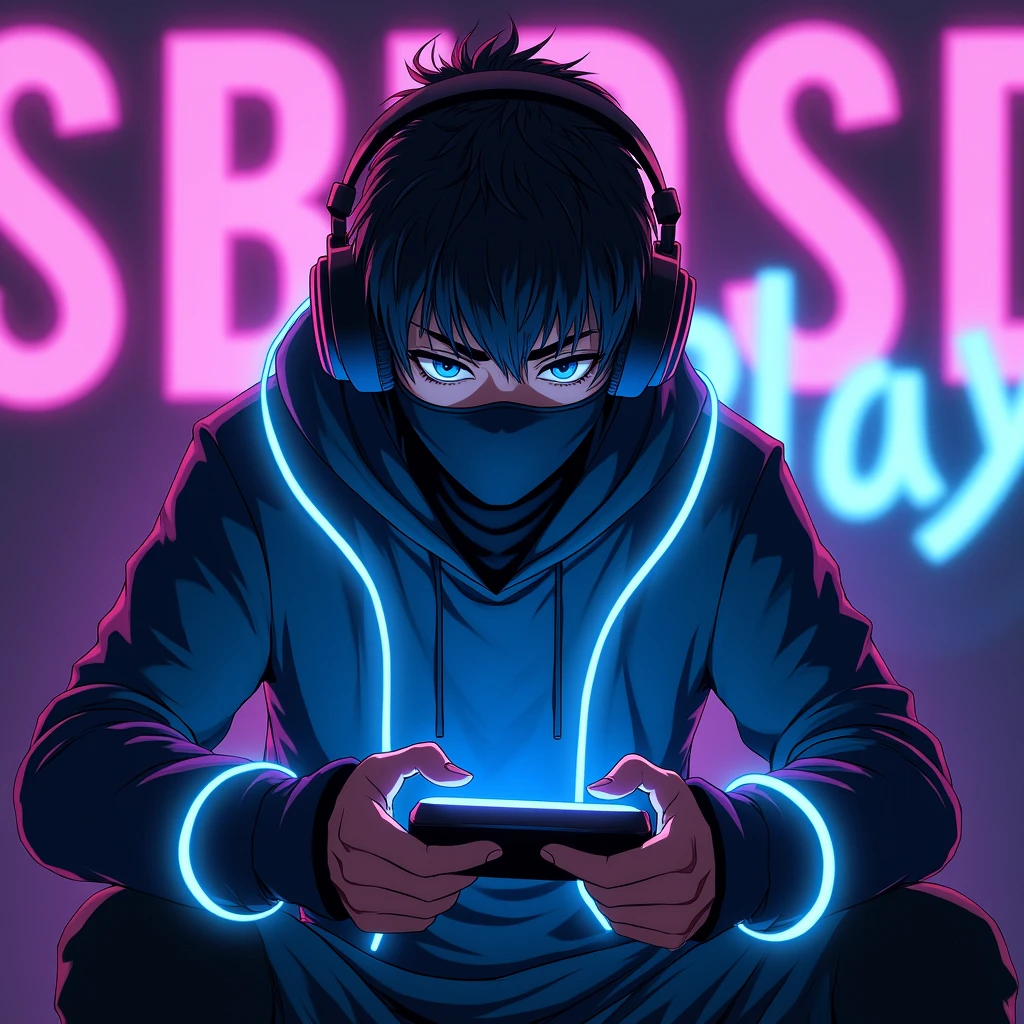 ((best quality)), ((masterpiece)), ((anime)), ((Detailed)), ((cartoon)),A 20 year old young boy wear black colour cloth mask on face and headphones and playing game in his video game device his purple and blue neon background, white neon outline on his body  8k UHD, Ninja Outfit , a Text in his background ( SCARY BOSS PLY) 
