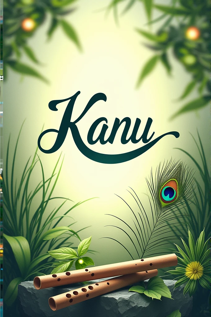 Kanu text beautifully written under a flute with peacock feather natural background greenry