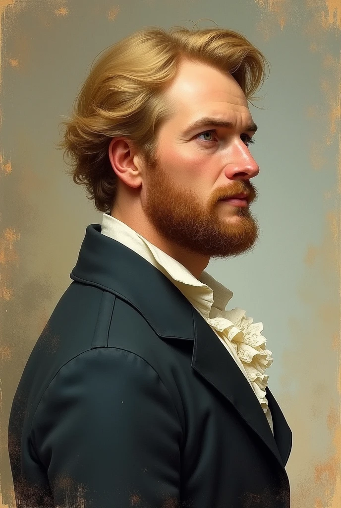 Man with well-defined face, beard and blond hair, drawn style, sideways face, looking sideways, less realistic, he is confident , He's from the 19th century. He puts his eyes to the side. His face also looks like he's appreciating something. Make him look like he's a painting.