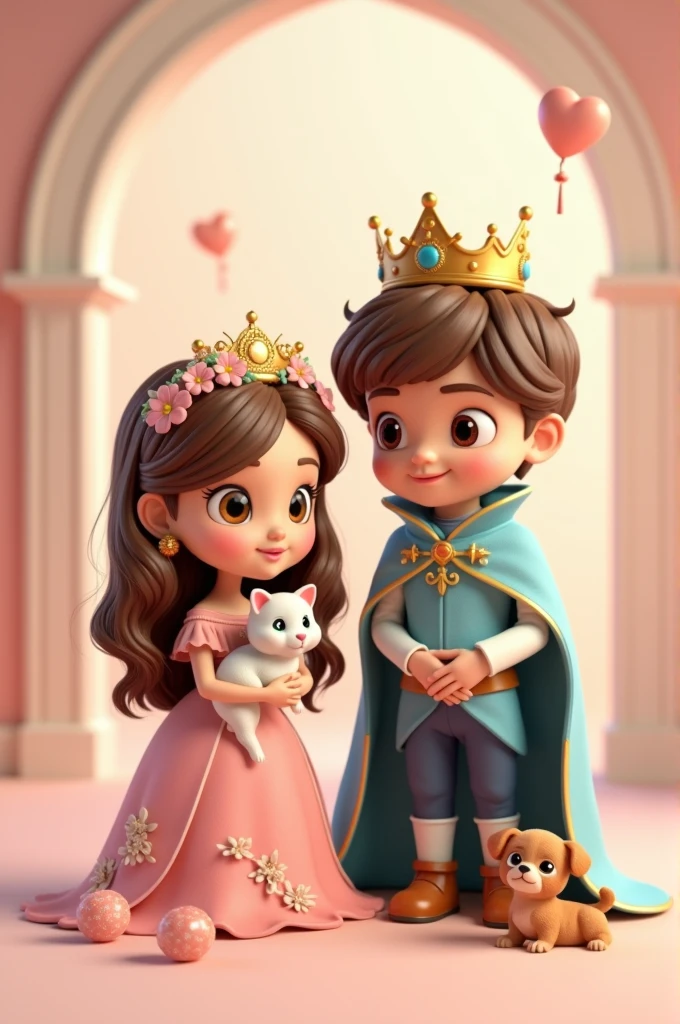 A 3D render of two illustrated characters. The first is a cute elegant princess called name "Zoe", with long wavy brown hair, wearing a pink dress and a crown adorned with flowers. She is holding a small white cat close to her chest. The background is a soft peach color. The second character is a cute elegant prince with short brown hair, called name "FELIX", wearing a blue cloak and a golden crown. He is holding a small white puppy. The background for him is a light blue shade.