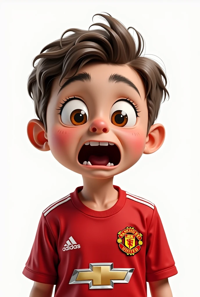 Illustration: A cute boy wearing a Manchester United shirt shows a shocked expression in a realistic and funny style on a white background.