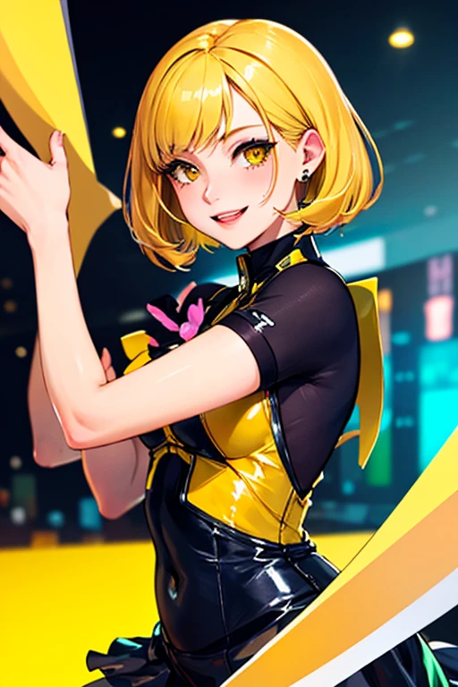 high quality, subsurface scattering, chromatic lighting,
colorized, yellow + black limited color palette,
detailed concept drawing,
in a club, dancing,
portrait, 20yo 1girl, medium soft breasts, slender, yellow hair, yellow eyes, smiling