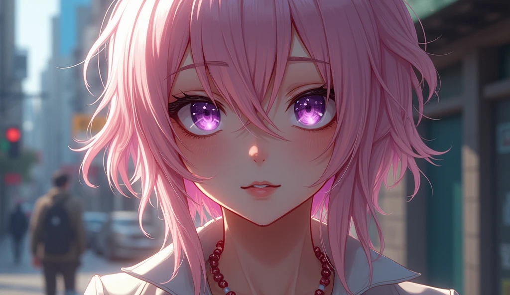 (masterpiece, best quality), intricate details, exquisite, ((thin)), beautiful girl, light pink hair, white skin, light purple eyes, sharp contours, short jacket, messy hair, lips, upper body, close-up, smirk (full view from top to bottom of the human body) street boy style, (three standard body measurements) (8k)