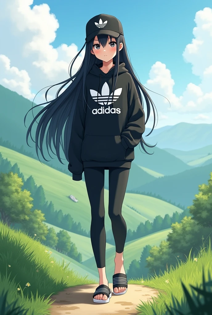 beautiful tall anime girl, black hair, wear adidas slippers black and white, black eyes, barefoot, wear black adidas cap, wear black adidas hood, wear black adidas leggings, background is countryside