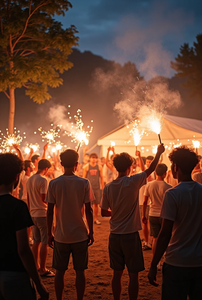 Male group in their late 20s Japanese Hand-held fireworks camp site LGBT Tent Sexy feeling About 20 boys Everybody has fireworks