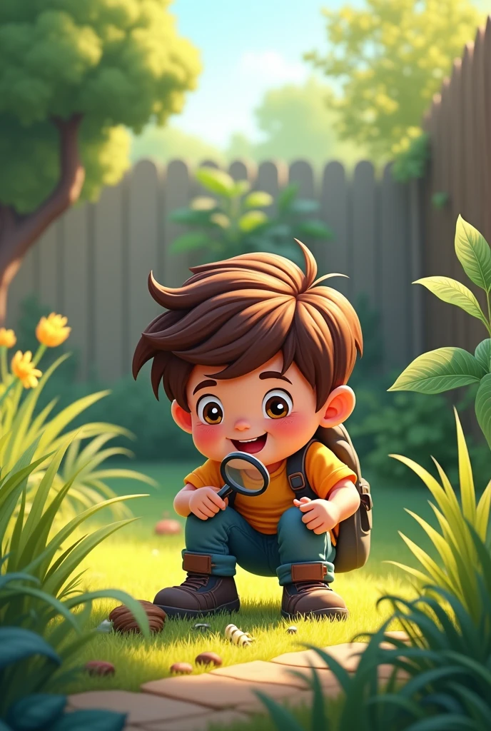 In the backyard, a boy with a magnifying glass, looking for ants in the floor, Explorer, happy, cartoon, high definition 