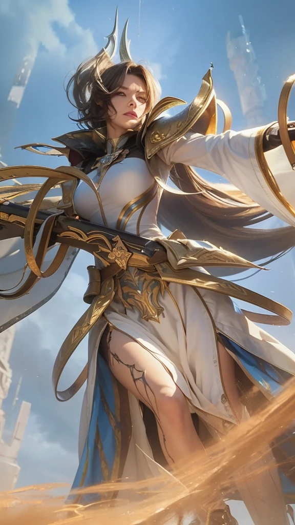 (suspense scene ((CONCEPT ART)), extremely detailed with a girl wearing jeans with brown coat and boots), (better lighting, better shadow, an extremely delicate and scary), (digital illustration), ((4k painting)), [(dynamic angle,((1girl)),white hair, (beautiful face, perfect face, scared,) expression of fear, torn clothes, a gun in hand, sitting on the floor, darkness, scary house),  [:(dark, mysterious, game paint, sinister setting, jagged corridors, big house, deadly silence):]