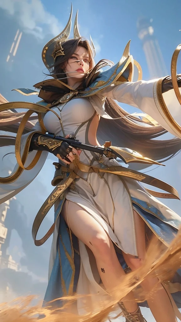 (suspense scene ((CONCEPT ART)), extremely detailed with a girl wearing jeans with brown coat and boots), (better lighting, better shadow, an extremely delicate and scary), (digital illustration), ((4k painting)), [(dynamic angle,((1girl)),white hair, (beautiful face, perfect face, scared,) expression of fear, torn clothes, a gun in hand, sitting on the floor, darkness, scary house),  [:(dark, mysterious, game paint, sinister setting, jagged corridors, big house, deadly silence):]