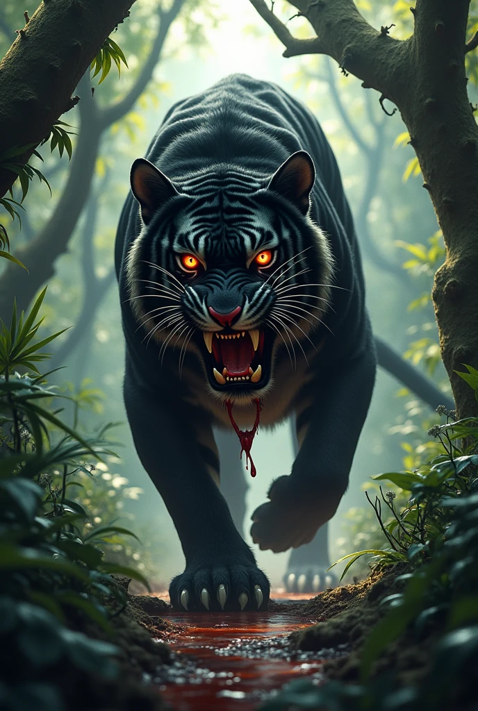 Scary Black Tiger With Catch Dear In Mouth In Jangle 